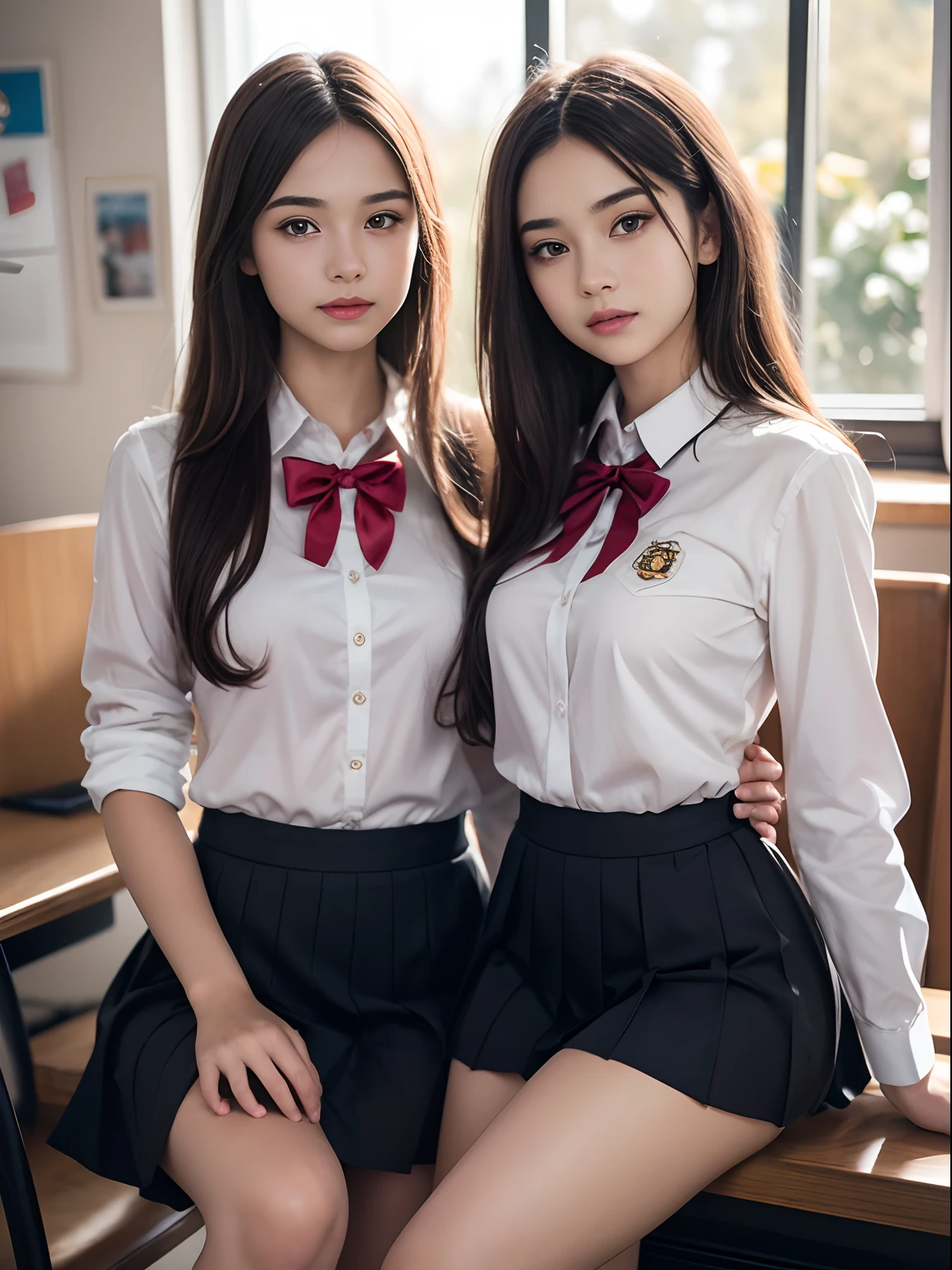 (2 young girls), beautiful girl with beautiful details, Raw photo, (Best Quality:1.2), 8K, high details, hight resolution, With the highest quality, High-definition raw color photos, Professional Photography, (Fine face:1.2), (High  with open chest:1.2), Pleated skirt:see-thriugh, Indoors, crass room, desk work, Chair, Sitting, Open legs, (:1.1), (((Bokeh))), depth of fields,