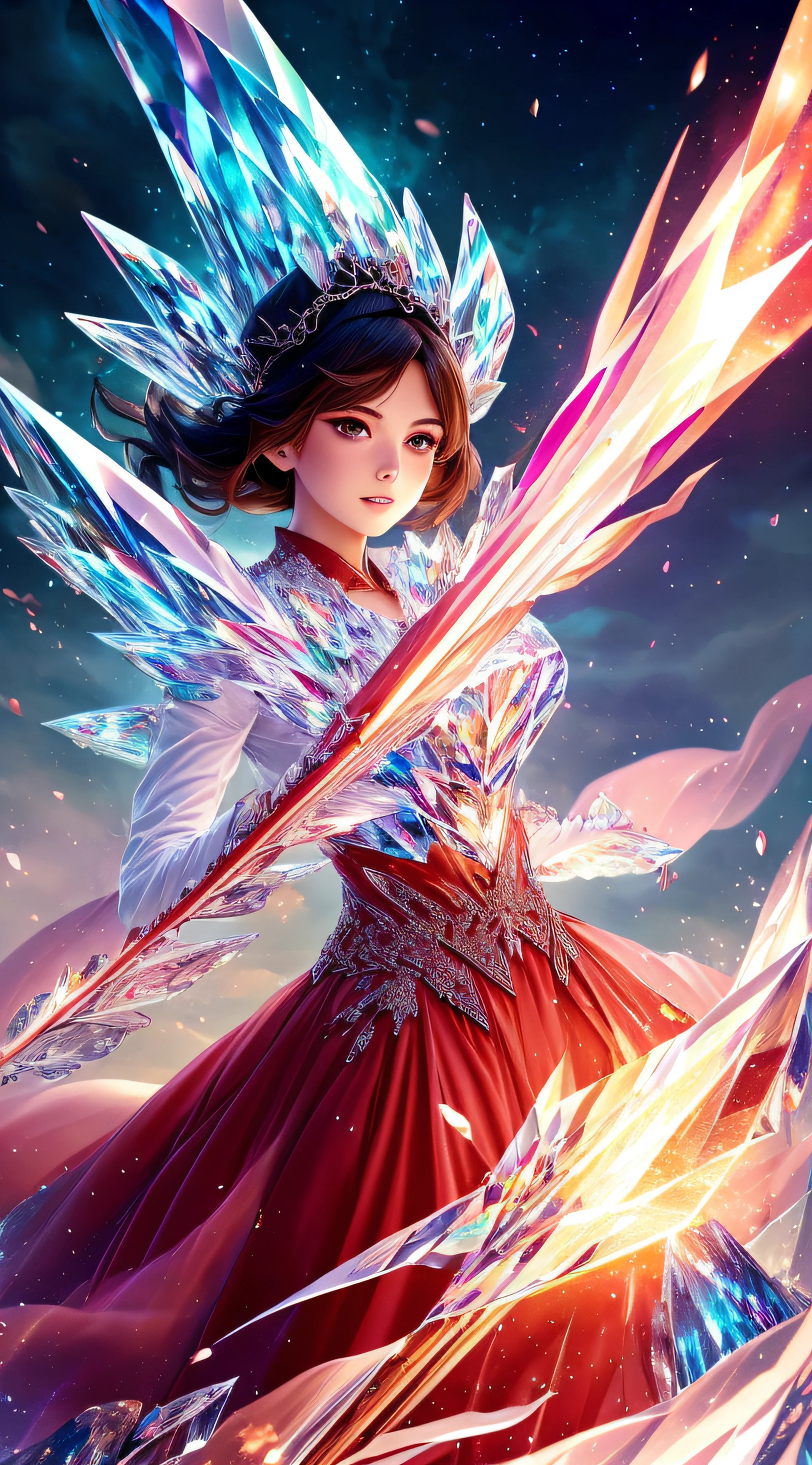 (masterpiece, top quality, best, official art, beautiful and aesthetically pleasing, long exposure: 1.2), smooth movement, charming pattern, 1 girl, (long skirt with sleeves: 1.3), red dress, upper body close-up, Strapless, Chinese girl, freckles, black lob hair, portrait, solo, upper body, gaze at the observer, detailed background, detailed face, (crystallineAI, crystalline theme:1.1), elemental fire sprite, spinning fire, control fire, ruby&#39;s Clothes, dynamic poses, floating particles, ethereal dynamics, fire, steam, lava in the background, red tones, volcanoes, ethereal atmosphere,