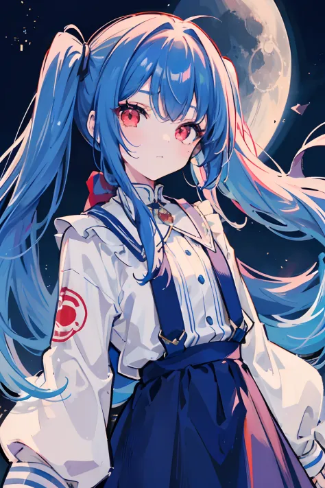 1girl, masterpiece, young girl, high quality, ((blue hair)), ((straight hair)), (twintail), ((long hair)), (red eyes), ((deatil ...