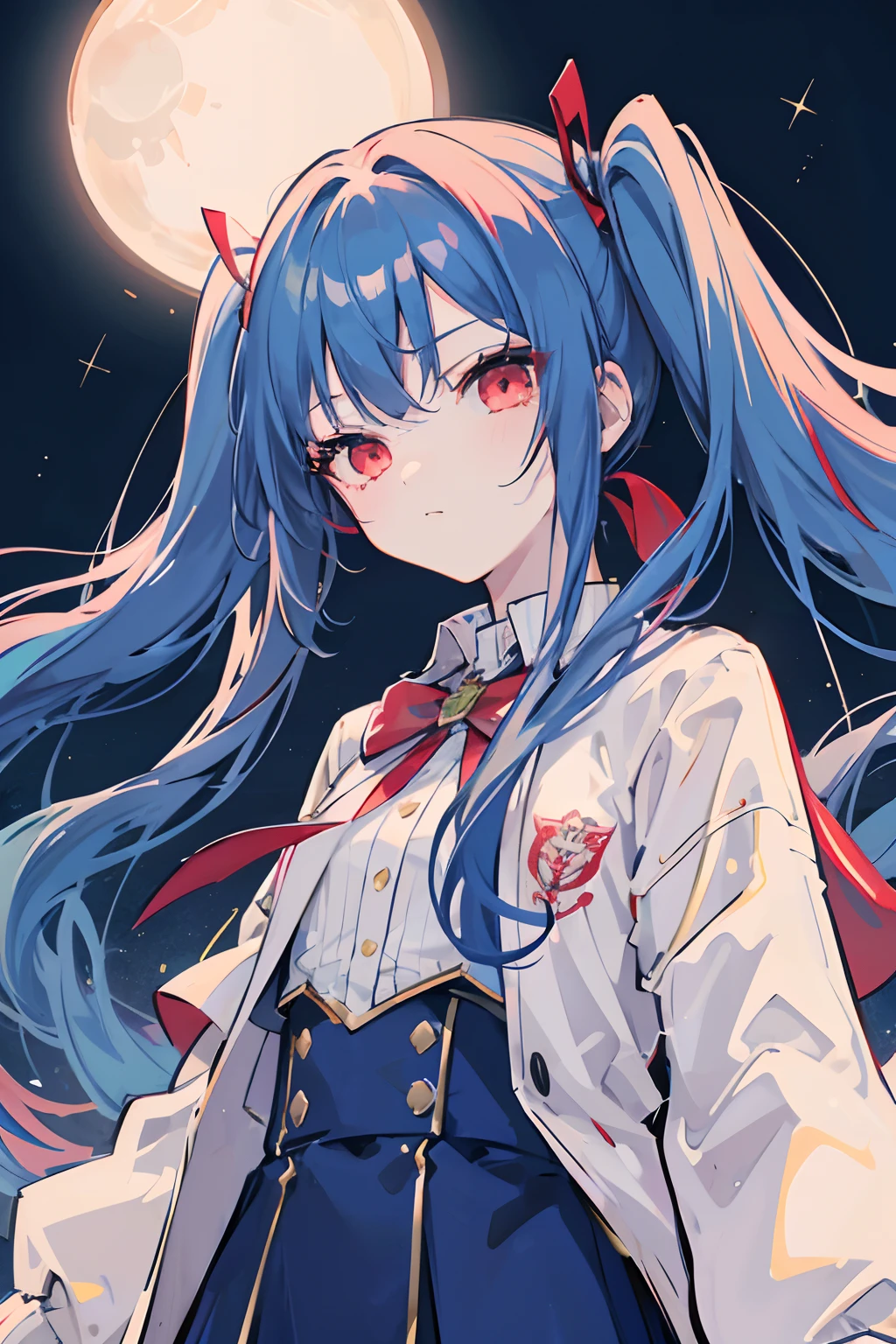 1girl, masterpiece, young girl, high quality, ((blue hair)), ((straight hair)), (twintail), ((long hair)), (red eyes), ((deatil face)), in the night, with the moon, with the stars, dark