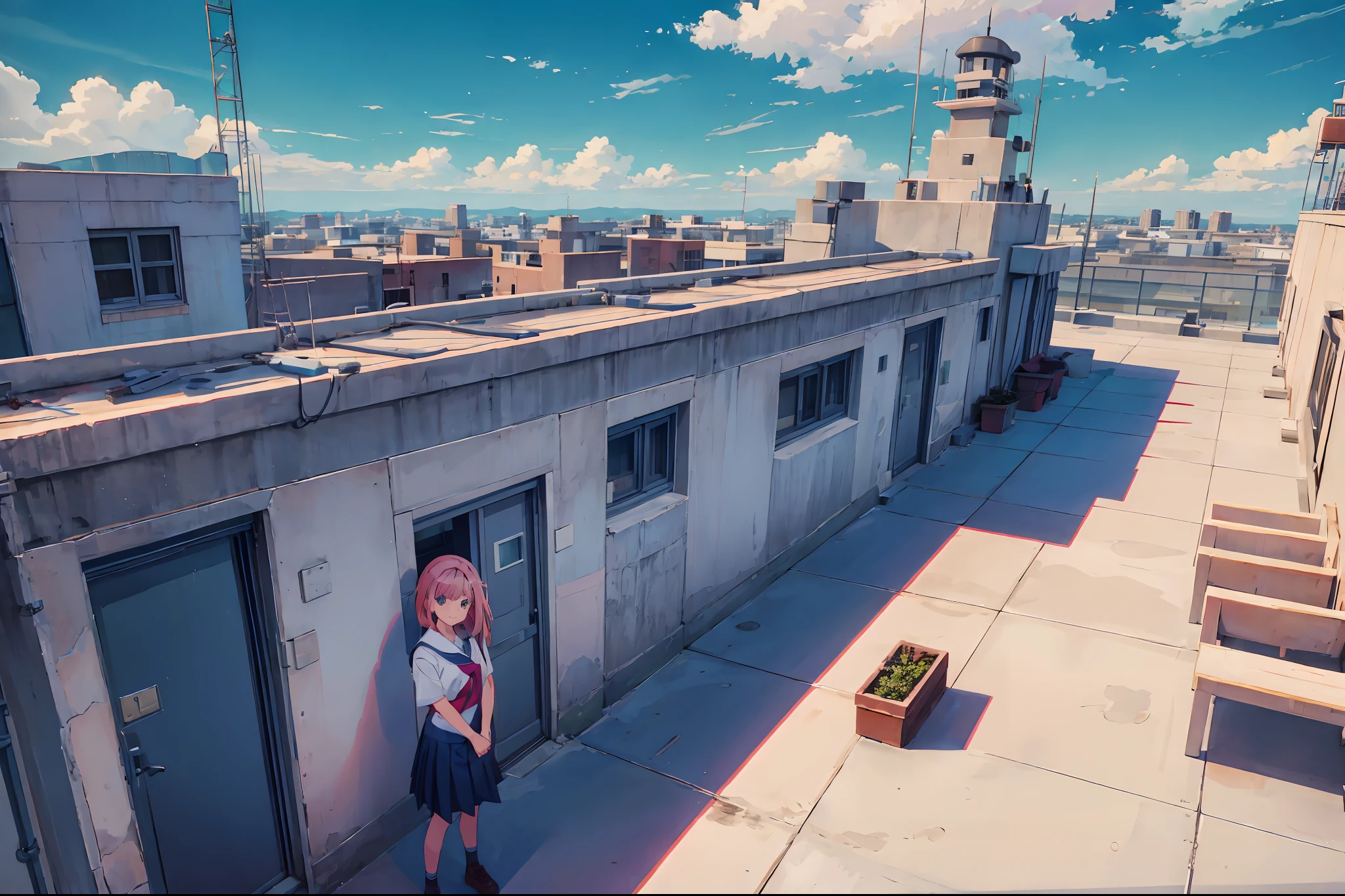 Escola_telhado, Escola telhado, 1 garota, cabelo rosa, sorridente