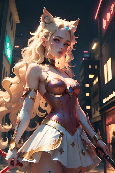 A magical girl blonde girl with curly hair, Mahou Shoujo, Magic girl fashion editorial with red theme, white and gold clothes and a sword in his hands, Dynamic pose on a night neon street, rosto perfeito, rosto detalhado, perfect hands, detailed hands, bea...
