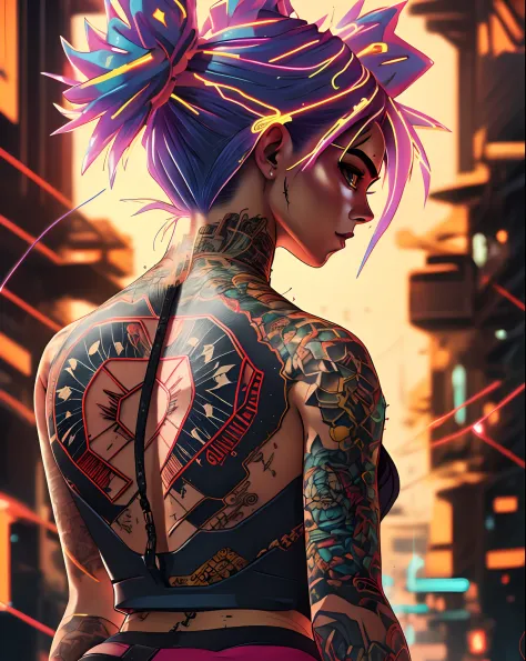 8k, top-quality, hight resolution, realisticlying, solo, realperson, Beautiful woman on her back, sitted, Have all the tattoos on your back, Looking back at a sexy defined body, Denim shorts, tattoo, (((neon)), ((glow)), (cyberpunk background)