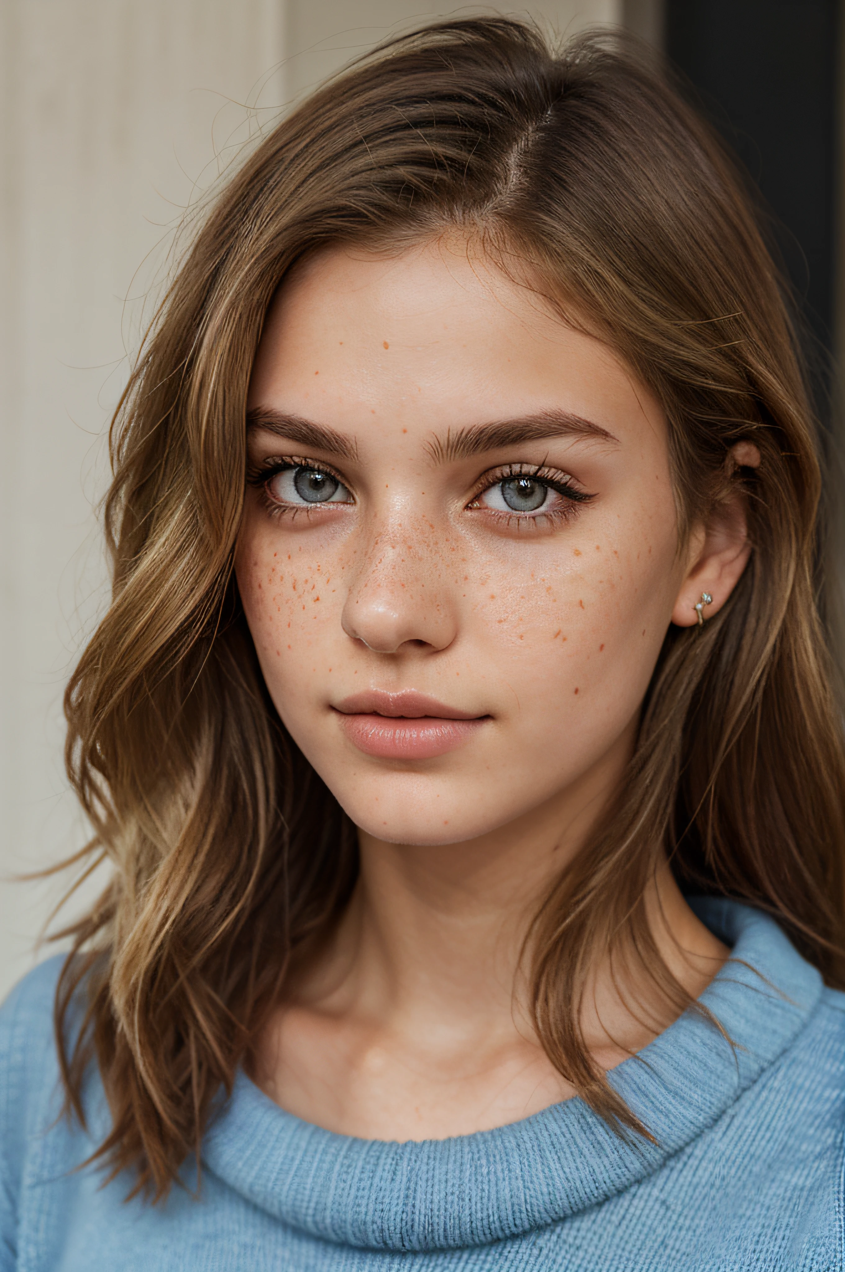 Close up, 1Girl 18 years old, soli, Long hair, looking down at viewer, blond hair, blue eyes, jewellery, full entire body, 项链, off shoulders, pullover, lips, realisti, nose, flirting with the camera, close up shot, Realism, detailed eyes, freckles