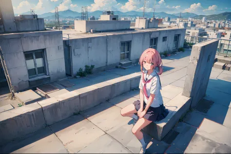 school_rooftop, school rooftop, 1girl, pink hair, smiling