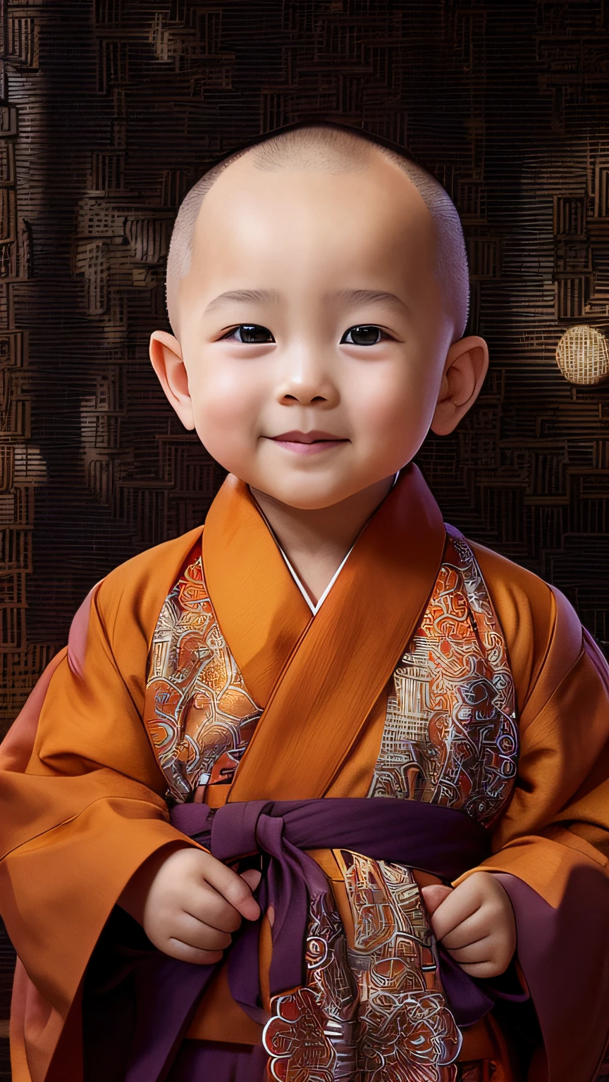 Gros plan d’un enfant chauve en robe, belle peinture numérique, moine clothes, ancient japanese moine, portrait de haute qualité, buddhist moine, portrait of moine, bouddhiste, moine, porter des robes marron, prise de vue de portrait, joli portrait, 2 1 st century moine, vêtu de robes simples, Joli garcon, sourire innocent, Chinois (Traditionnel, Yan, porter une longue robe fluide