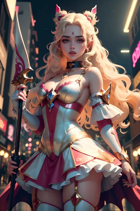 A magical girl blonde girl with curly hair, Mahou Shoujo, Magic girl fashion editorial with red theme, white and gold clothes and a sword in his hands, Dynamic pose on a night neon street, rosto perfeito, rosto detalhado, perfect hands, detailed hands, bea...