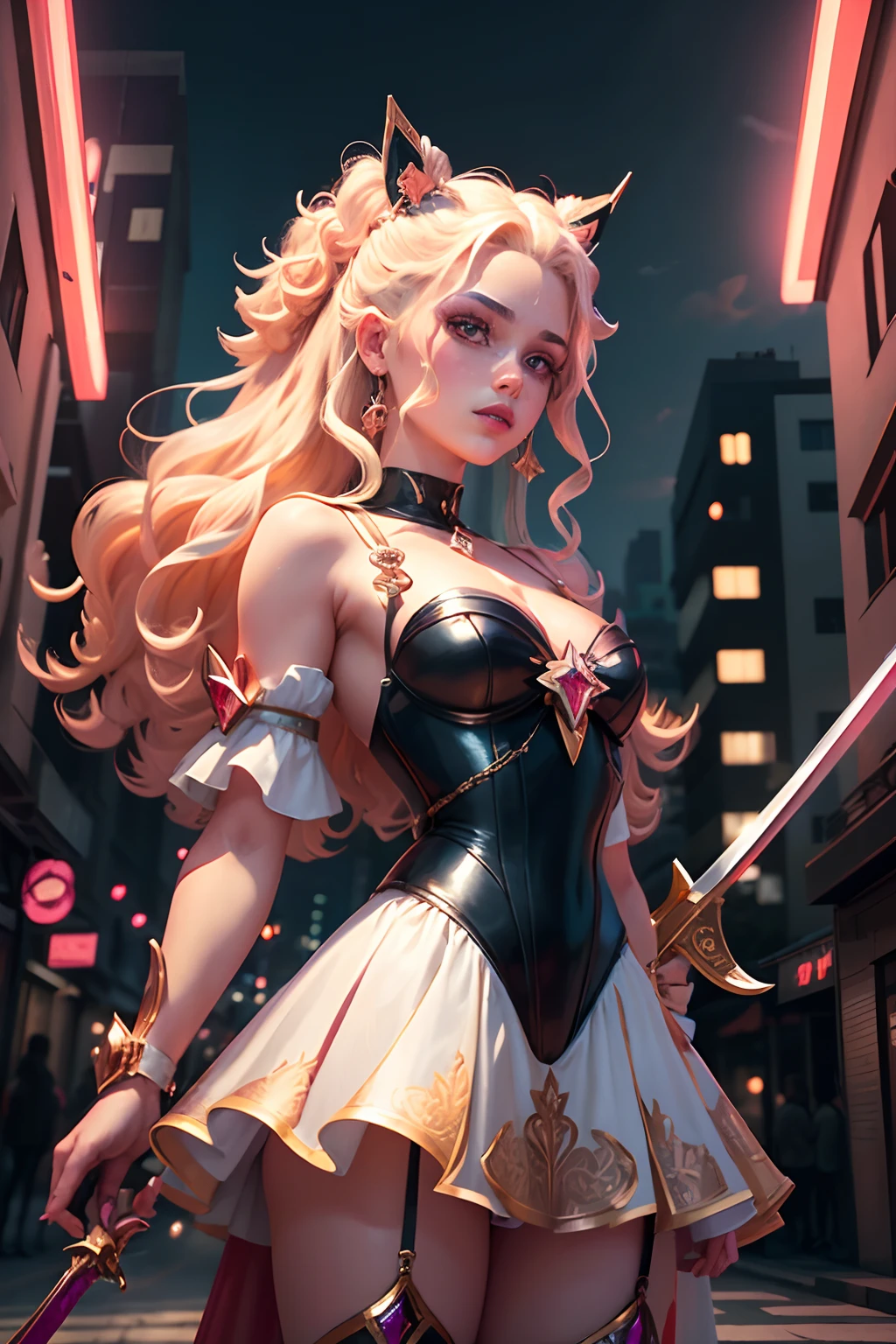 A magical girl blonde girl with curly hair, Mahou Shoujo, Magic girl fashion editorial with red theme, white and gold clothes and a sword in his hands, Dynamic pose on a night neon street, rosto perfeito, rosto detalhado, perfect hands, detailed hands, beautiful hands, rosto atraente, cidade com luzes neon, jovem bonita, rosto perfeito, rosto detalhado, fleshy lips, juicy lips, cidade moderna, cidade urbana, moderna ao fundo com cores neon brilhantes