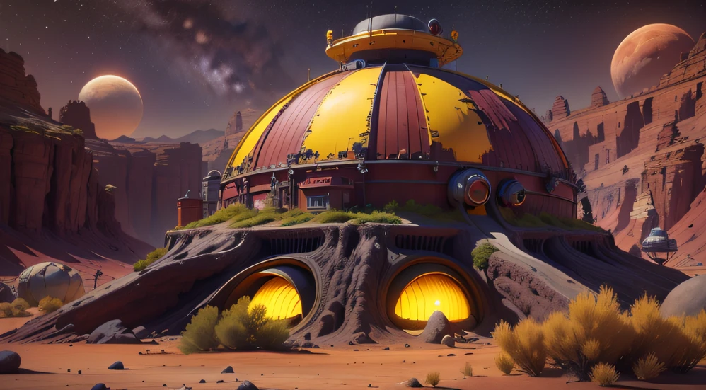 Alien Fall Base (Very detailed) In the mountainous desert，There are several exhaust fans and yellow chimneys, Some neon lights come out of the base to illuminate the dark place, (Extreme nights), Some clouds in the night sky, Some of the surrounding planets provide air to unknown planets，The farthest giant volcano is erupting