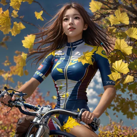 (8k, highest quality, high resolution), (photo realistic:1.2), (hyper realistic:1.2), (1Girl:1.3), happy:1.2, (Detailed Eyes), (hyper Detailed face:1.2), (Road Bike Racing Uniform), Uniform with an open chest, 18 years old, Detailed road bike:1.2, beautifu...