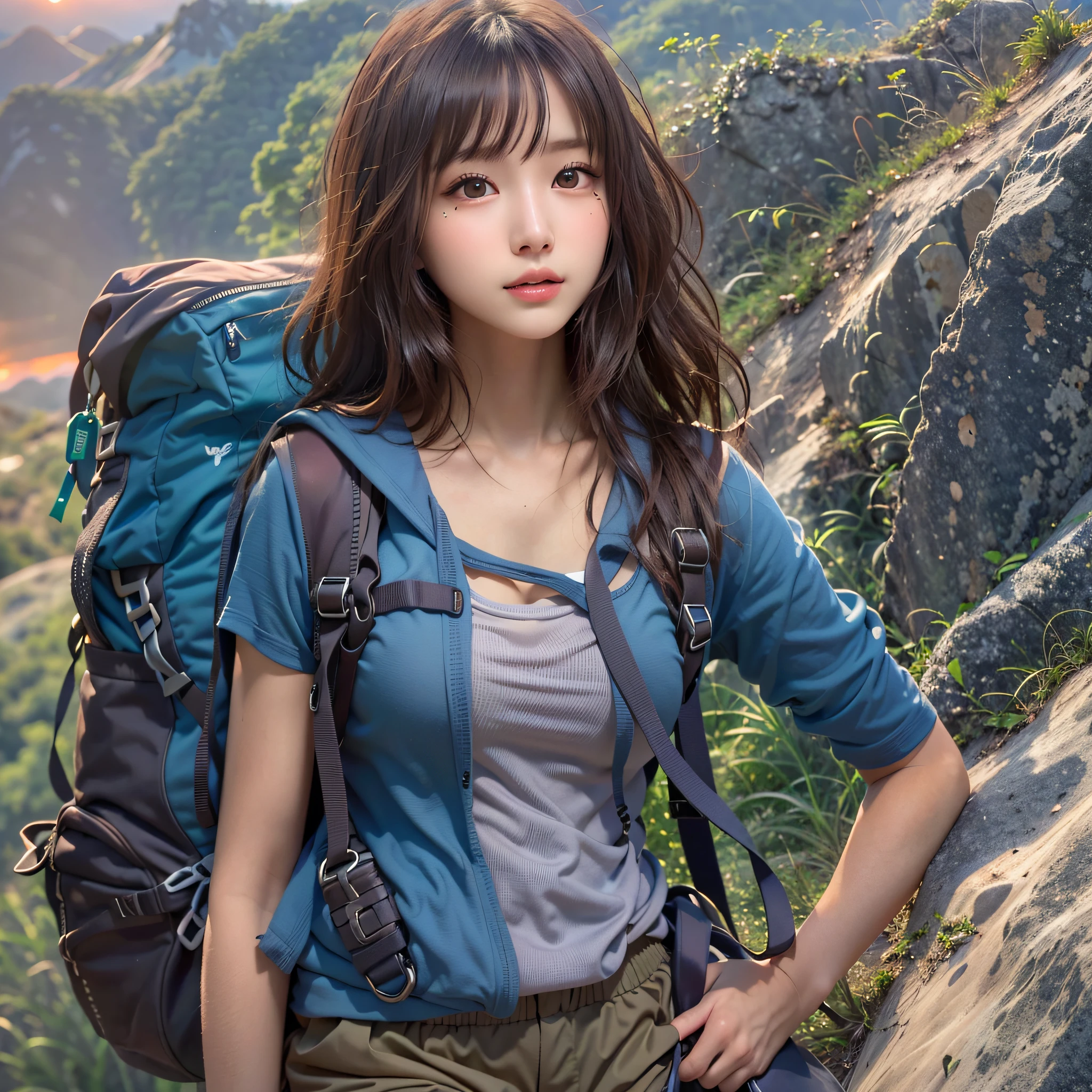 (Naturescape photography), (best quality), masterpiece:1.2, ultra high res, photorealistic:1.4, RAW photo, (Magnificent mountain, sea of clouds), (On a very high mountain peak), (sunset), (wideangle shot),  (Show cleavage:0.8),
(1girl), (Photo from the knee up:1.3), (18 years old), (happy:1.2), (shiny skin), (real skin), (semi-long hair, dark brown hair)
(Sleeveless tank top), (blue Trekking shorts), (Carrying a large backpack), 
(ultra detailed face), (ultra Beautiful fece), (ultra detailed eyes), (ultra detailed nose), (ultra detailed mouth), (ultra detailed arms), (ultra detailed body), pan focus, looking at the audience