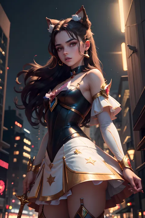 A magical girl girl with brown hair, cabelo cacheado, Mahou Shoujo, Magic girl fashion editorial with red theme, white and gold clothes and a sword in his hands, Dynamic pose on a night neon street, rosto perfeito, rosto detalhado, perfect hands, detailed ...