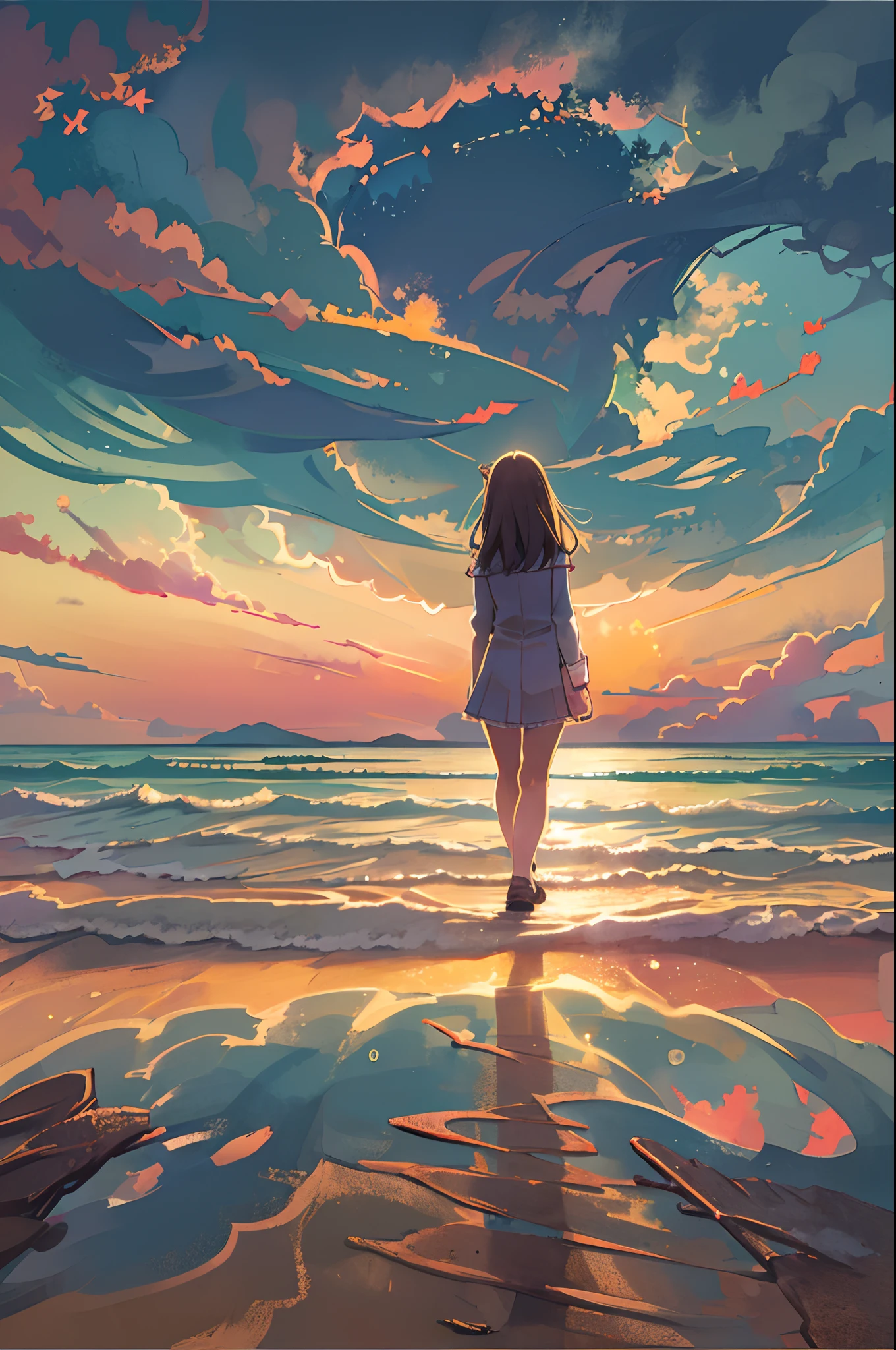 There is a girl standing on the beach looking up at the sky, Girl Standing On The Beach, Girl Walking On The Beach, Lost in Dreamy Wonderland, Standing On sand beach, Awesome digital painting,Sunset、From below、Very Wide Shot、Long shot