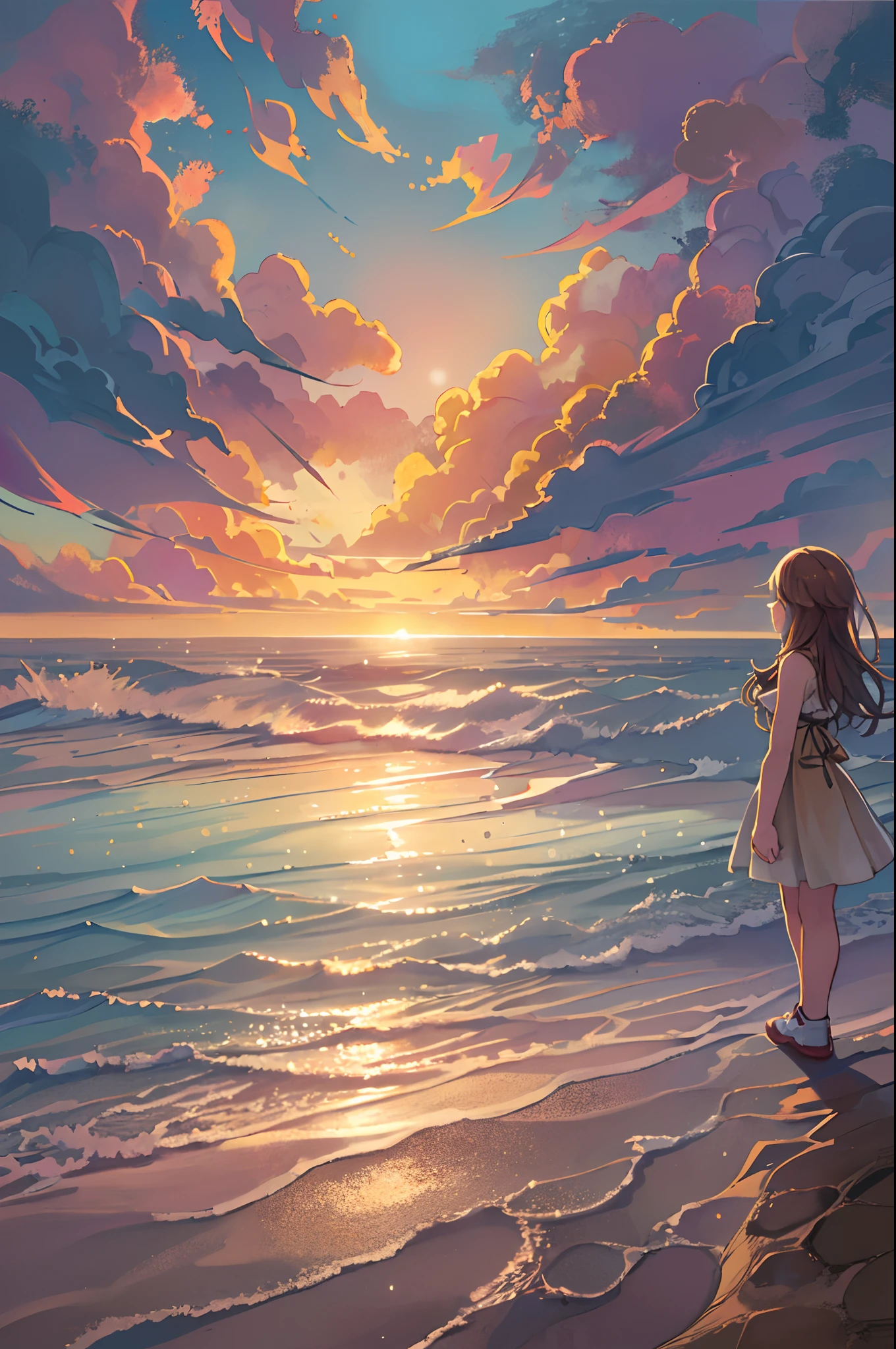 There is a girl standing on the beach looking up at the sky, Girl Standing On The Beach, Girl Walking On The Beach, Lost in Dreamy Wonderland, Standing On sand beach, Awesome digital painting,Sunset、From below、Very Wide Shot、Long shot