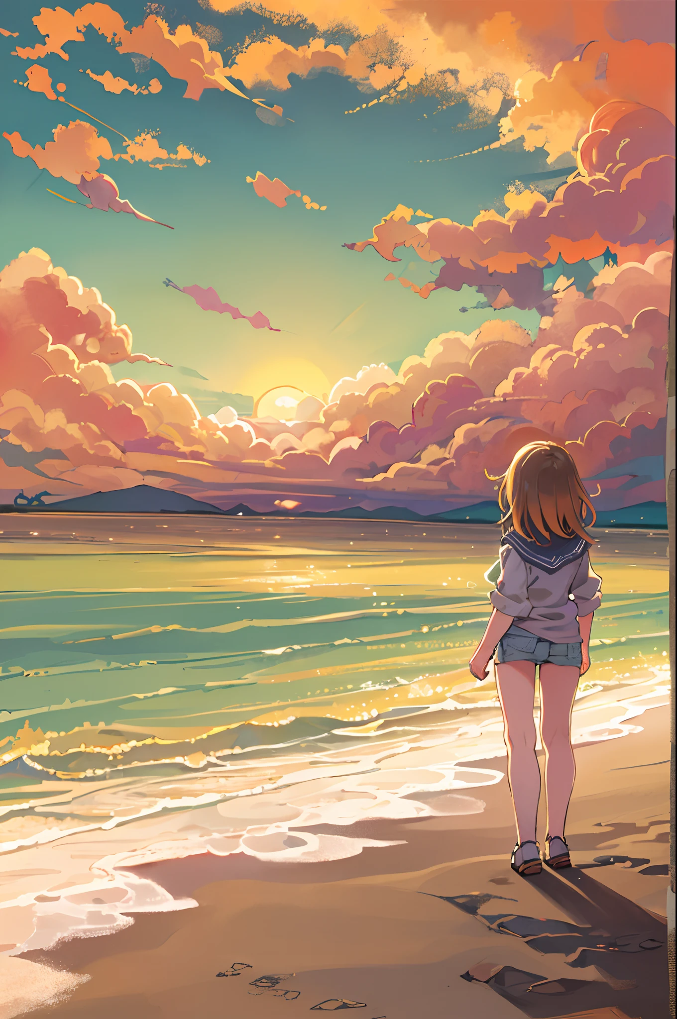 Há uma menina na praia olhando para o céu, Menina em pé na praia, Menina que caminha na praia, Perdido no país das maravilhas dos sonhos, De pé na areia da praia, Pintura digital incrível,pôr do sol、de baixo、tiro muito amplo、Tiro longo