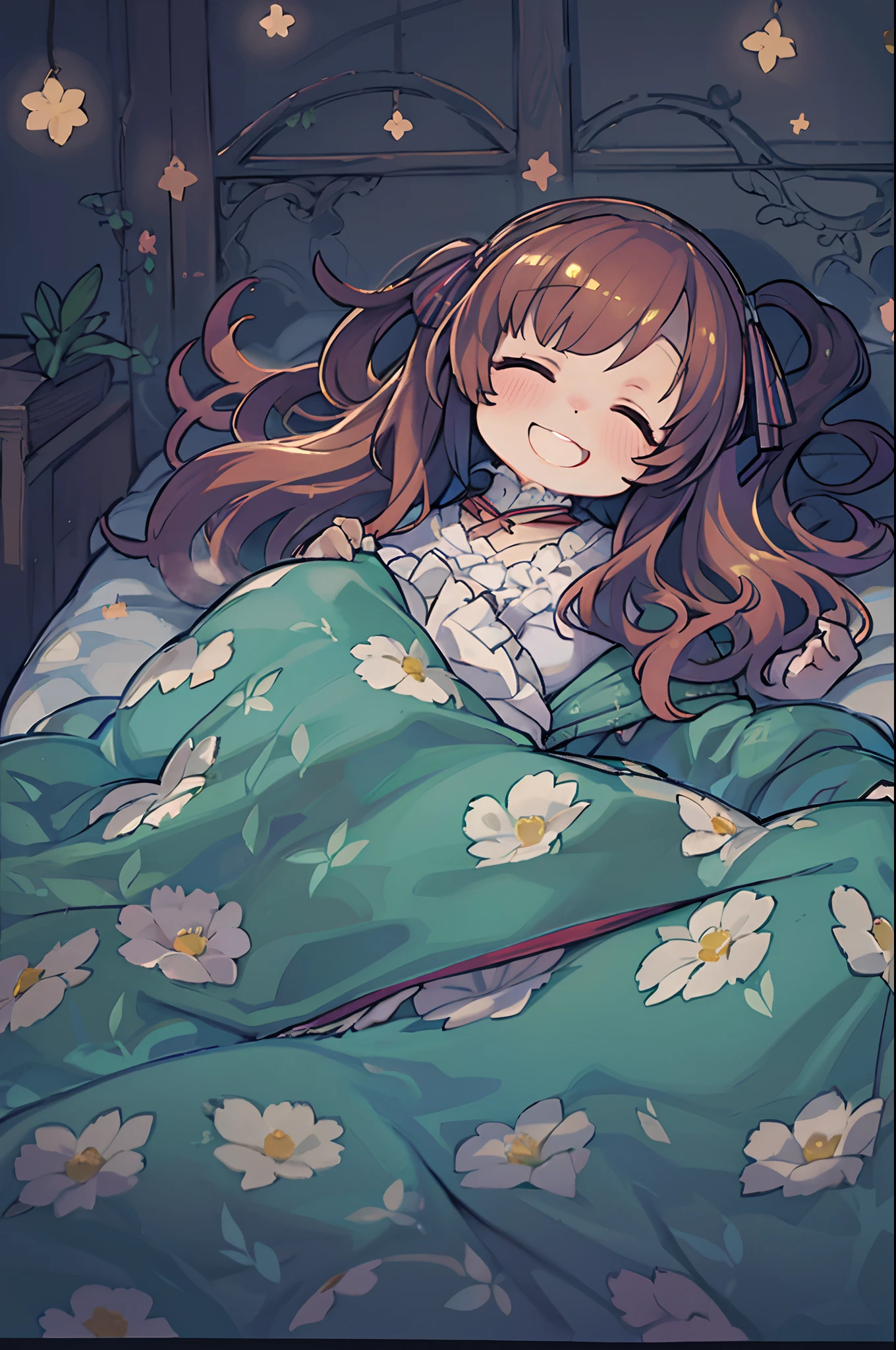 Garota de anime dormindo na cama com flores e estrelas ao fundo - SeaArt AI