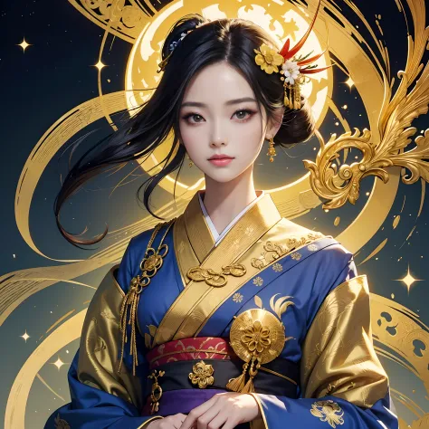 Try to give your audience a bouquet、
watching at viewers、for the background(ancient city:1.2)And the moon、((dense background))、poneyTail、Woman with shiny black hair、perfect hand、BREAK {{{Luxury kimono(Colorful kimono(Detailed golden embroidery,))}}}、face p...