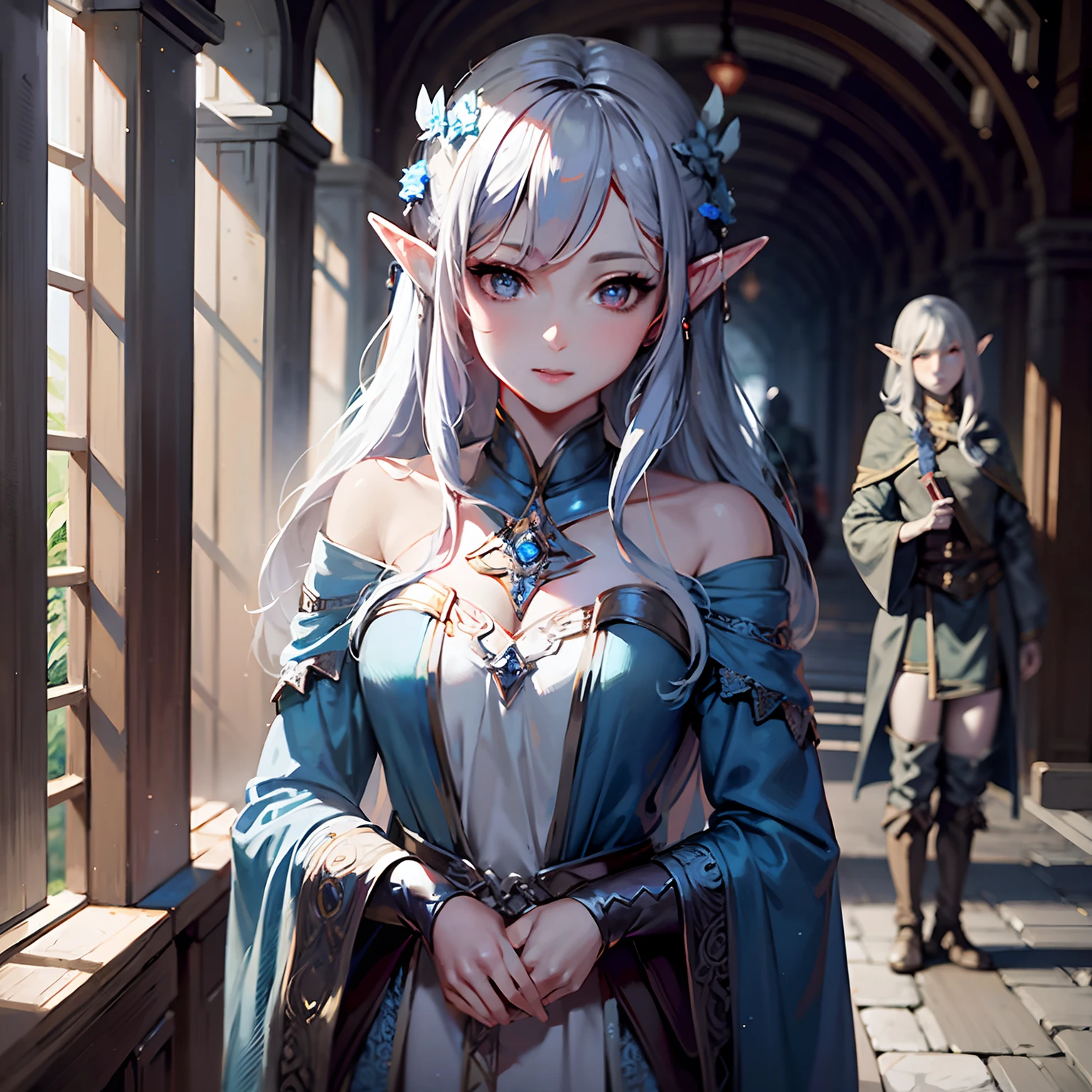 Imagem de estilo anime de uma mulher elfa branca com um vestido azul, 2. arte de fantasia de anime 5 d cgi, Linda e assustadora elfa louca cientista, Elfa Feminina, anime light novel, Guweiz na ArtStation Pixiv, um retrato de um elfo, fanart melhor estação de arte, ilustração de fantasia de anime