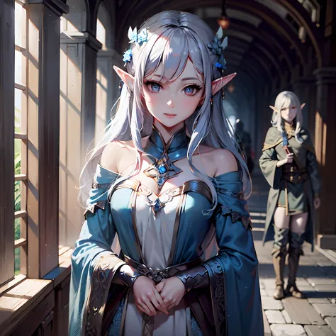 Anime – style image of a white elf woman with a blue dress, 2. 5 d cgi anime fantasy artwork, Beautiful and creepy crazy elf fem...
