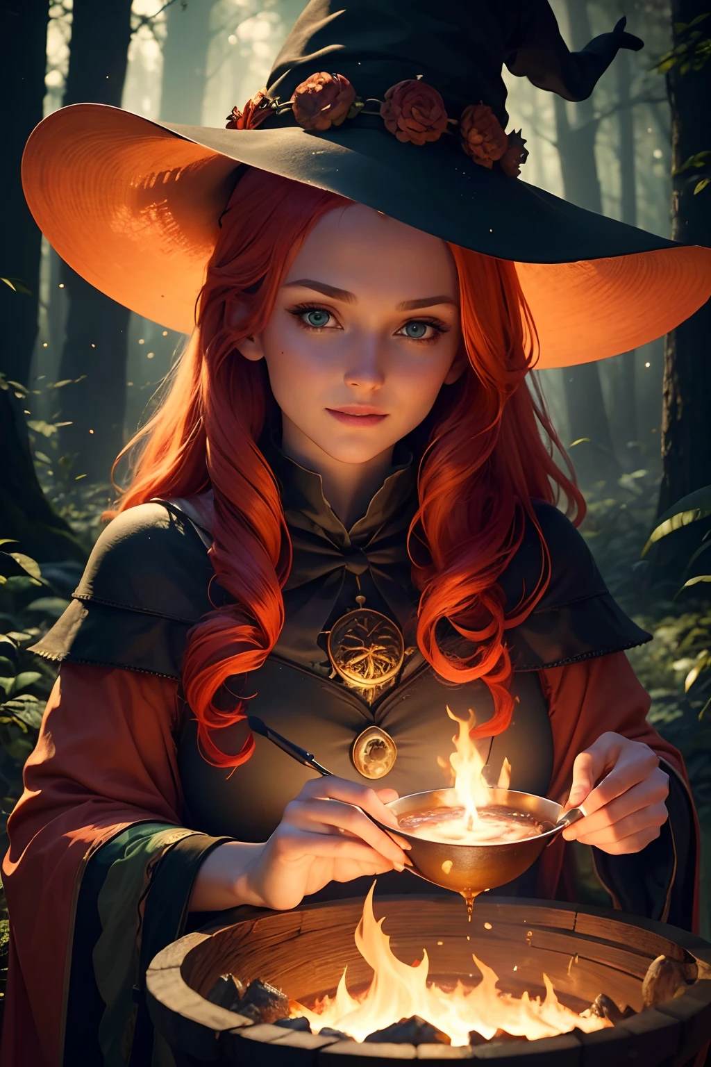 (Best Quality,4k,8K,hight resolution,Masterpiece:1.2) ,Passion for ritual, ((Film grain, bokeh, light particles ,Dust, Extreme camera angle)),(extremely detailed 8K wallpapers), Full-length painting, Forest glade, A beautiful witch brews a potion in a cauldron over a fire, Focused gaze on a beautiful face, stirs kvass, Flames give glare on the body and face, Witch's Hat, Green eyes, redhead hair, ssmile