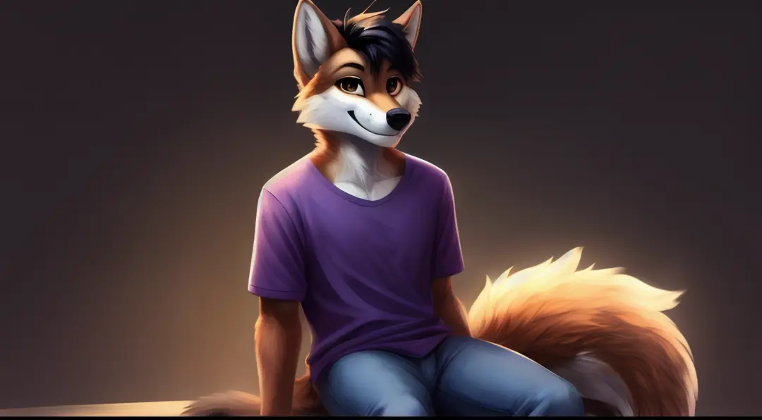 masterpiece, (male red furred wolf), (short black hair), smiling, dark background, good illumination, soft shadows, detailed face, smiling, sunshine, brown eyes, detailed body, anthro, male, looking to the camera, full body, (purple shirt), (tight blue jea...