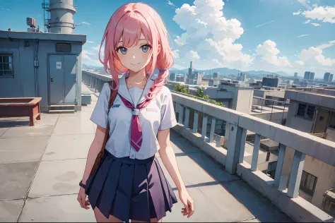 school_rooftop, school rooftop, 1girl, pink hair, smiling