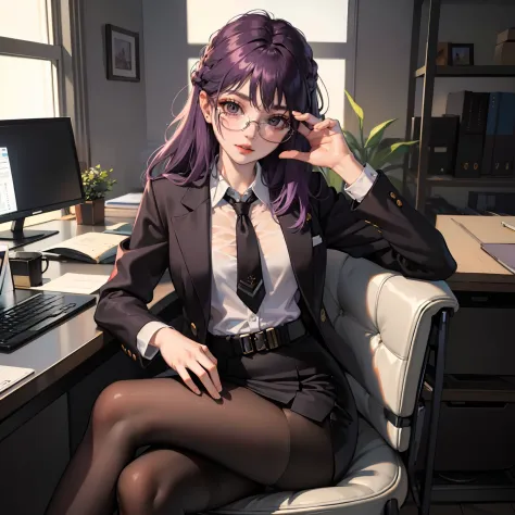 (masterpiece), best quality, expressive eyes, a perfect face, 1girl, solo, purple hair, brown eyes, office clothes, white  shirt...