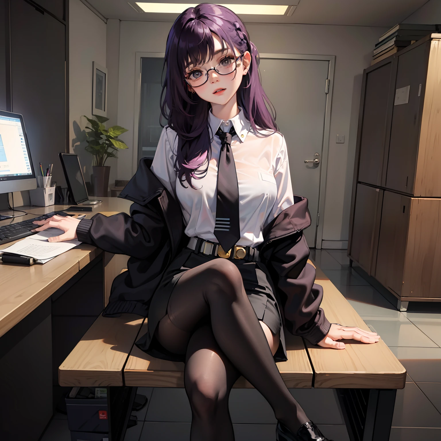 (Masterpiece), Best Quality, expressive eyes, a perfect face, 1girl, solo, purple hair, brown eyes, office clothes, white  shirt, black jacket, unbuttoned blazer, black necktie, pencil skirt, black tights, transparent tights, black shoes, Cross-legged, Sitting in Office Chair, in the office, eyeglasses,