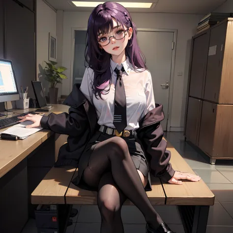 (Masterpiece), Best Quality, expressive eyes, a perfect face, 1girl, solo, purple hair, brown eyes, office clothes, white  shirt...
