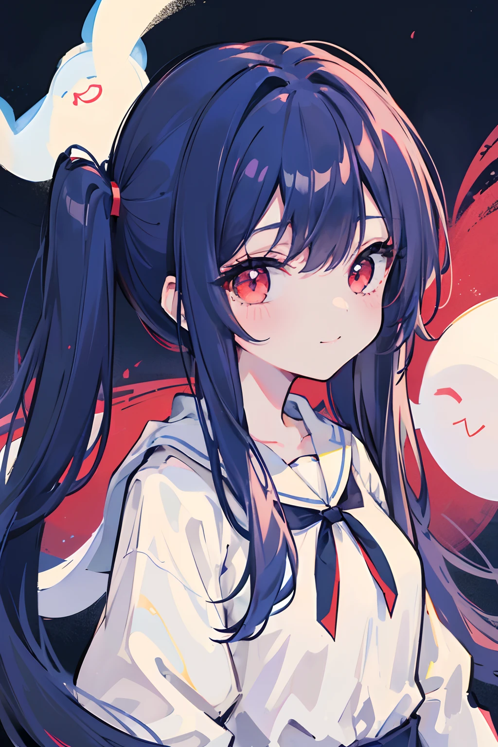 1girl, masterpiece, young girl, high quality, (dark blue hair), (straight hair), ((up twintail)), long hair, red eyes, ((detail face)), in the night, (flying above), (flying in the sky), ((with ghosts)), (cute ghosts) wearing a white jumper, (smiling)