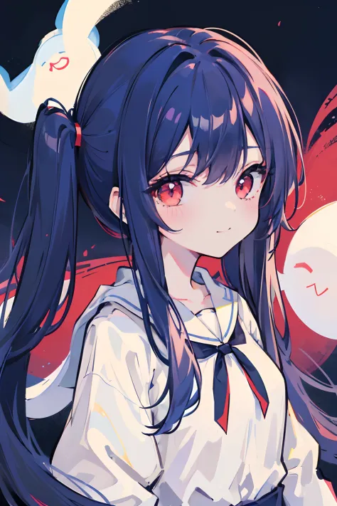 1girl, masterpiece, young girl, high quality, (dark blue hair), (straight hair), ((up twintail)), long hair, red eyes, ((detail ...