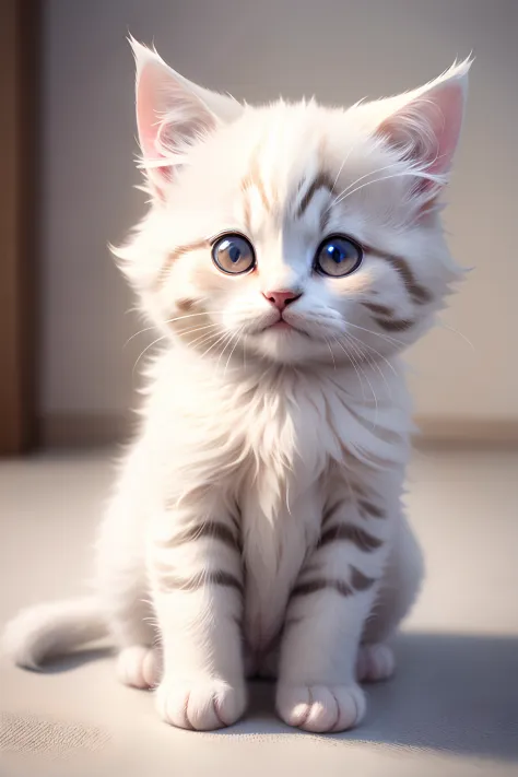 Fluffy kitten sitting in a white room、cute little