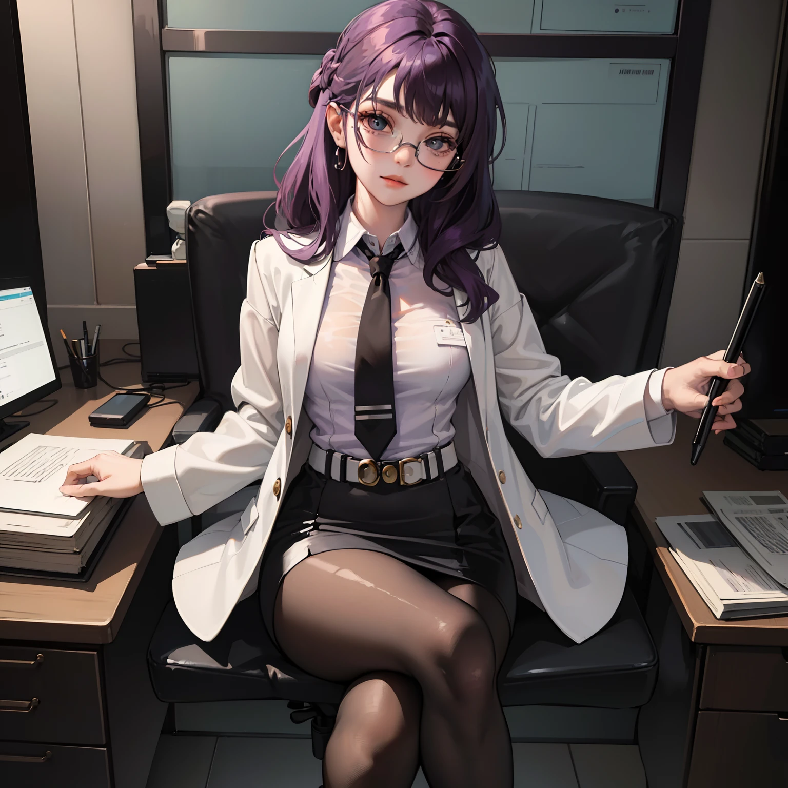 (Masterpiece), Best Quality, expressive eyes, a perfect face, 1girl, solo, purple hair, brown eyes, office clothes, white  shirt, black jacket, unbuttoned blazer, black necktie, pencil skirt, black tights, transparent tights, black shoes, Cross-legged, Sitting in Office Chair, in the office, eyeglasses,