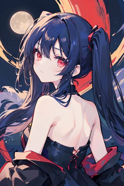 1girl, masterpiece, young girl, high quality, ((dark blue hair)), ((straight hair)), (twintail), ((long hair)), (red eyes), ((de...