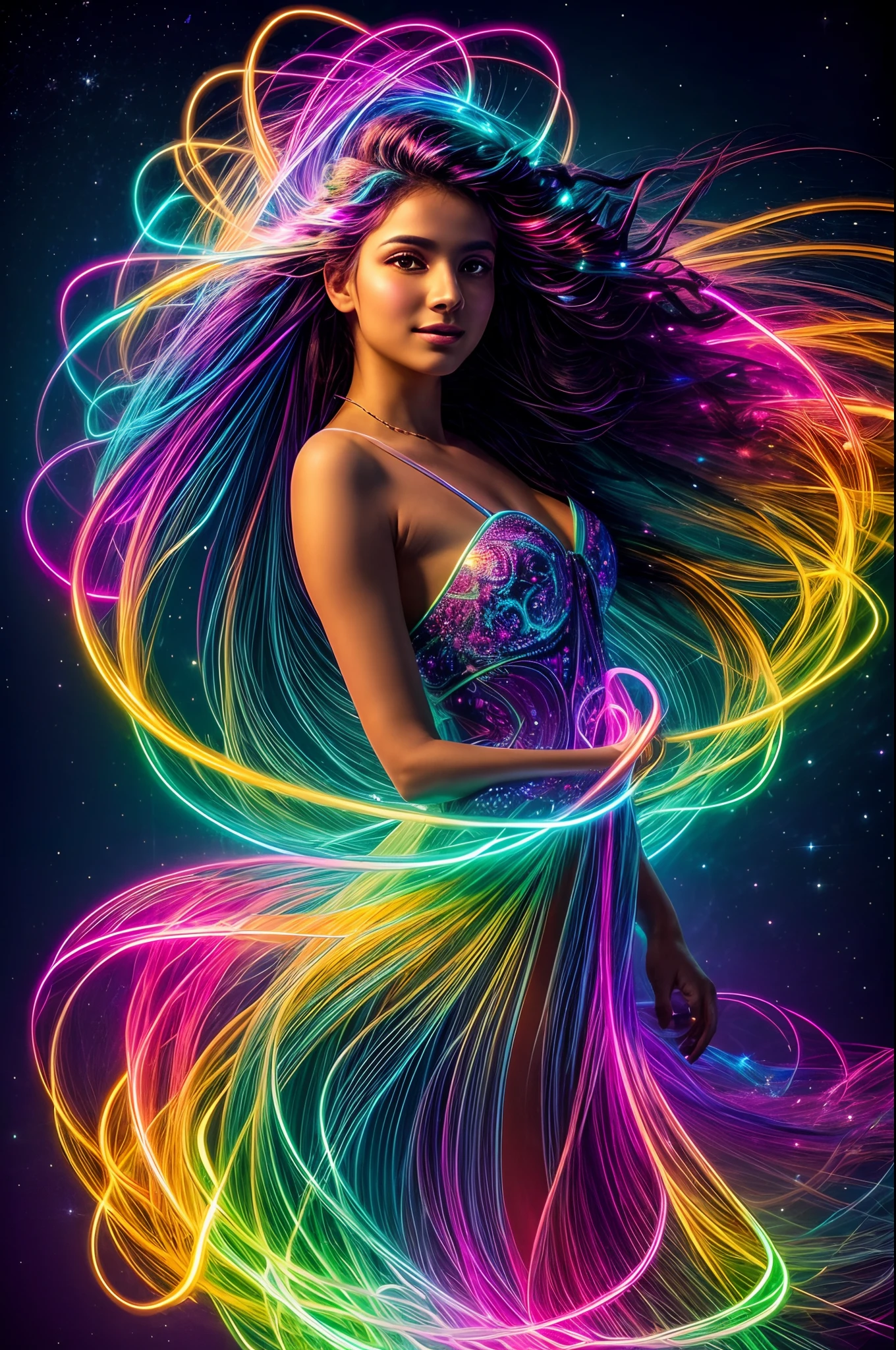 In a mesmerizing display of bioluminescent brilliance, a radiant girl emerges glowing with vibrant hues that dance and swirl like illuminated ribbons. As she moves, her luminous presence paints the world with cascades of enchanting colors, casting a spell of awe and wonder upon all who behold her ethereal beauty.