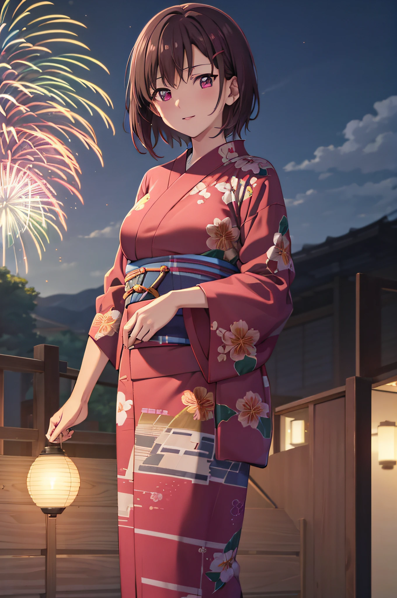 masutepiece, Best Quality, High resolution, 超A high resolution, depth of fields, Short hair, Brown hair, Pink eyes, (Hairpin), Yukata, Summer festival,  (Fireworks in the sky), nigh sky,