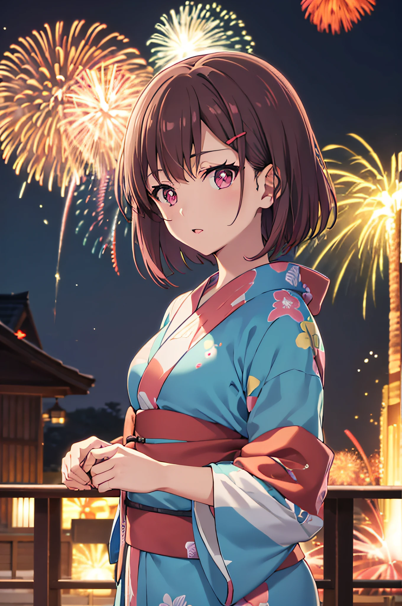 masutepiece, Best Quality, High resolution, 超A high resolution, depth of fields, Short hair, Brown hair, Pink eyes, (Hairpin), Yukata,  (Fireworks in the sky), nigh sky, Mare