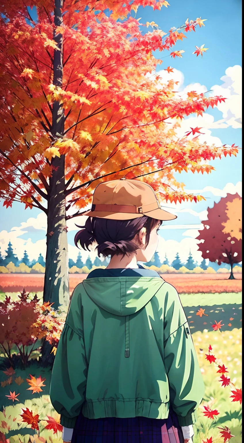 Bild einer Frau, die auf einem Feld neben einem Baum steht, 🍁 Niedlich, Lofi-Mädchen-Ästhetik, Anime-Stil gemischt mit Fujifilm, Lofi-Ästhetik, Filmliebhaber, Lofi-Farbe, Lob Artstyle, [ realistische Fotografie ], fotorealistischer Kunststil, detaillierte Landschaft — Breite 672, Ästhetisch ansprechende Filmpartikel, Herbstfarben, Herbstanfang