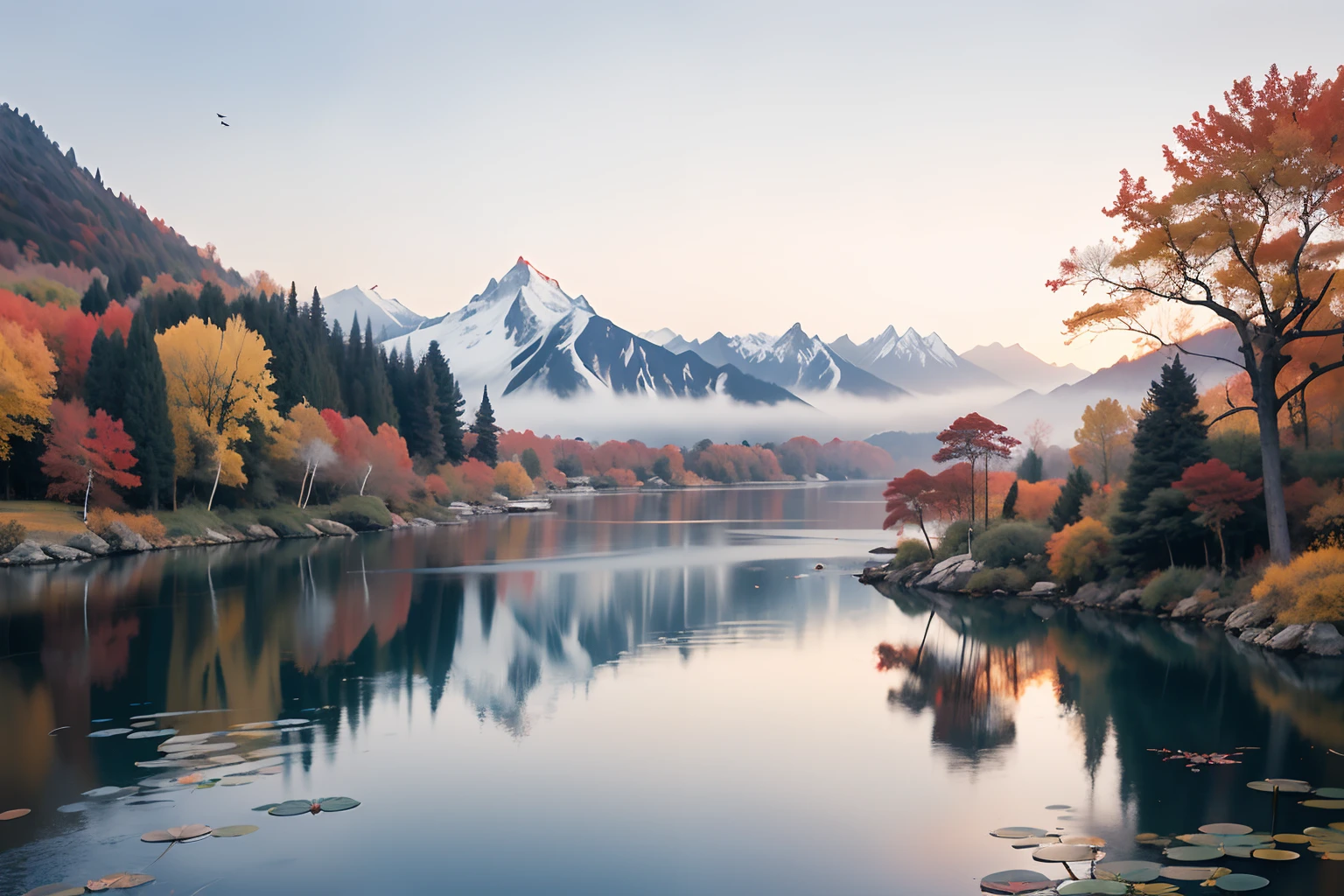 (tmasterpiece，best qualtiy：1.2）， Autumn scene, Red maple forest，Lotus leaf，lotuses，Distant mountains，Sunset Dusk，The composition is minimalist，exteriors，UHD resolution，realisticlying，Very realistic