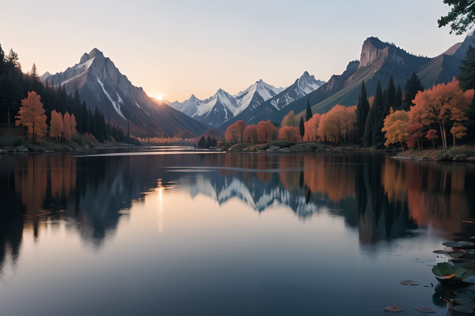 (obra-prima，melhor qualidade：1.2），Floresta de bordo vermelho，folha de lótus，lótus，montanhas distantes，Pôr do sol crepúsculo，A composição é minimalista，exteriores，Resolução UHD，realisticamente，Muito realista