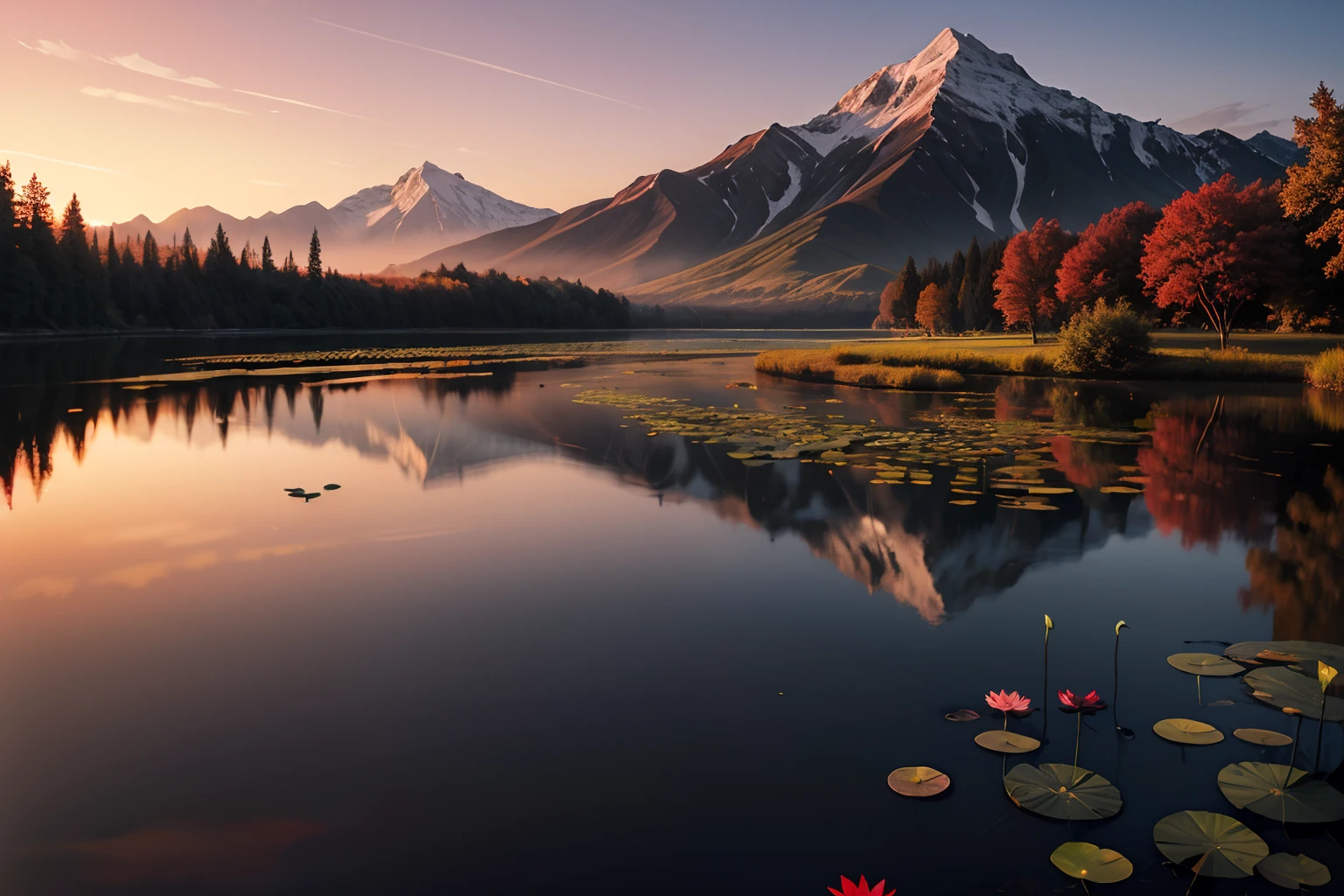 (tmasterpiece，best qualtiy：1.2），Red maple forest，Lotus leaf，lotuses，Distant mountains，Sunset Dusk，The composition is minimalist，exteriors，UHD resolution，realisticlying，Very realistic