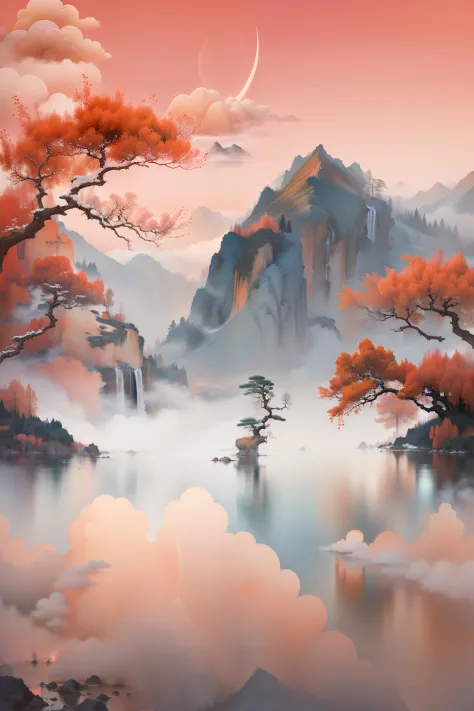 ((Masterpiece)),((Best quality)),((High- sharpness)),((Realistic,)) Chinese landscape ,closeup view,Mist ,Heavy fog,Lakes and wa...