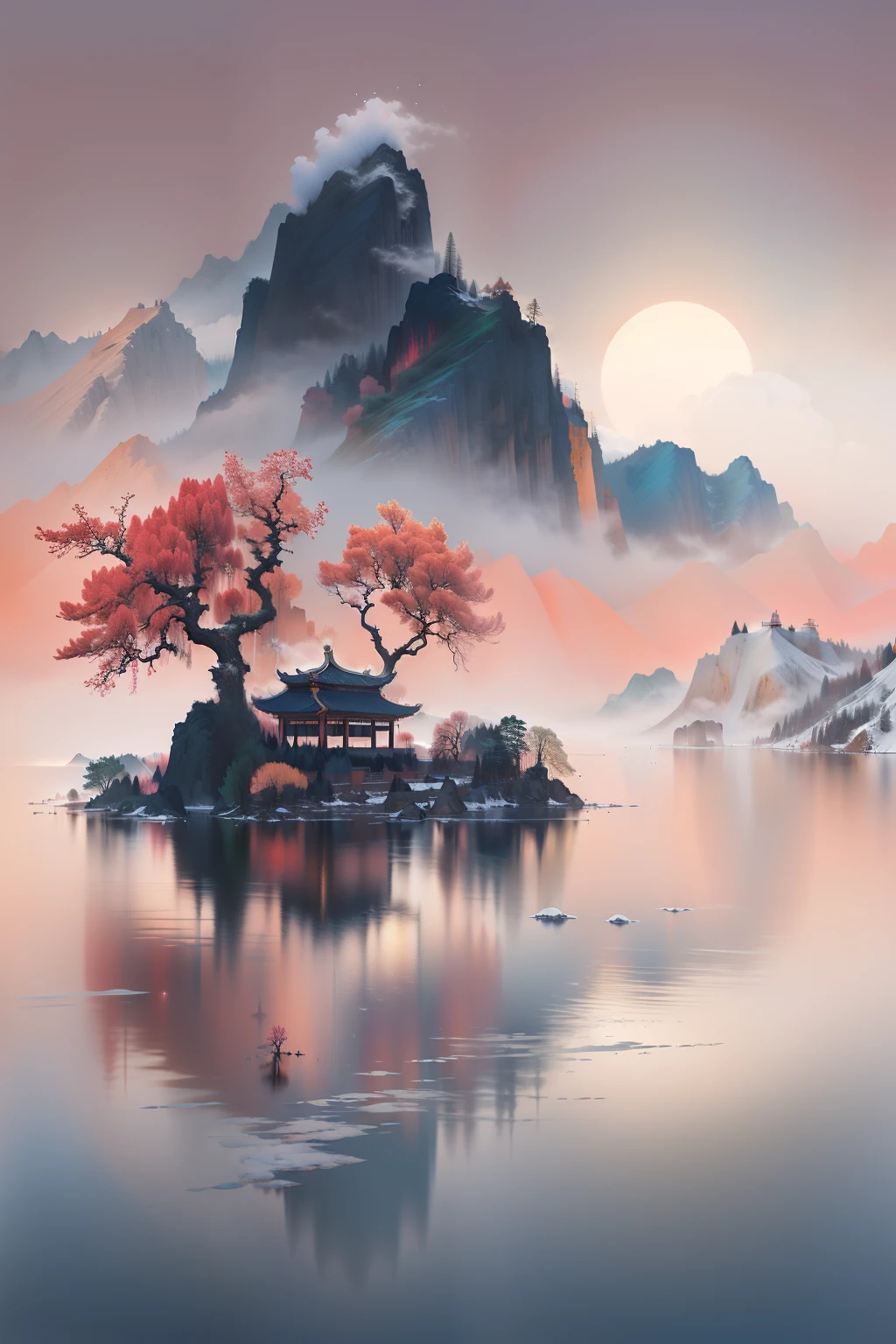 ((Masterpiece)),((Best quality)),((High- sharpness)),((Realistic,)) Chinese landscape ,closeup view,Mist ,Heavy fog,Lakes and waves,tree,snow mountains,Reflection,Minimalism,zen aesthetic,Zen composition,Chinese landscape painting,4K((Masterpiece)),((Best quality)),((High- sharpness)), ((Utra Sharp:1.4)), Clear background ,John Bowson，Backlight,Tyndall effect,A bird, Sparkling lake , Pink octane rendering science fiction, New Moon, Red sky, Gradient background