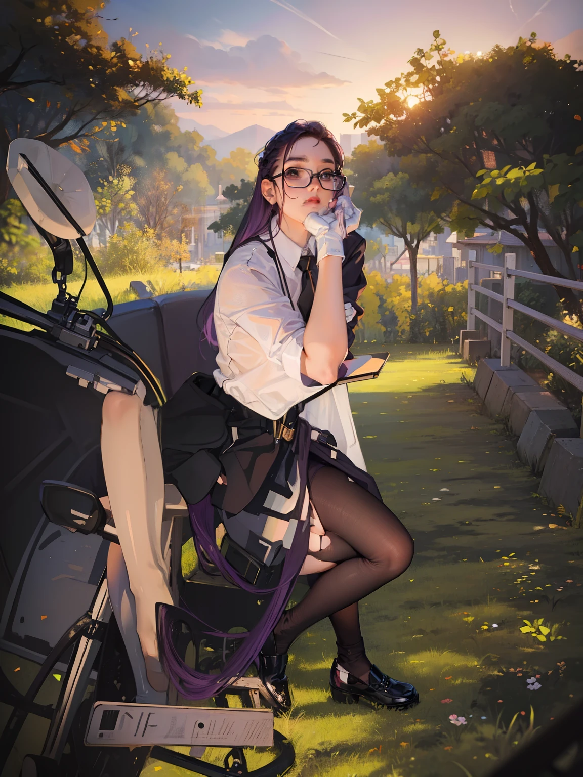 (Masterpiece), Best Quality, expressive eyes, a perfect face, 1girl, solo, purple hair, brown eyes, office clothes, white  shirt, black jacket, unbuttoned blazer, black necktie, pencil skirt, black tights, transparent tights, black shoes, Cross-legged, Sitting in Office Chair, in the office, eyeglasses,