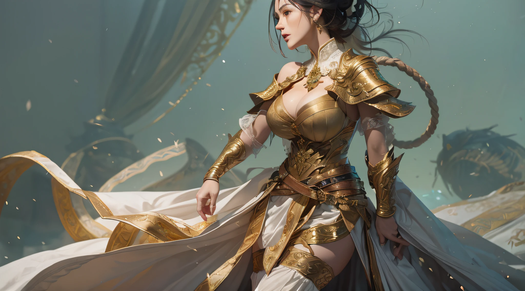 A sword-wielding woman dressed in gold gauze was sitting upright on the back of the white horse，Her soft black hair is neatly coiled by a gold-handled hairpin，Only a few strands of gold silk are left on the sideburns，Skin like snow，gigantic cleavage breasts, Lace Lingerie, upskit panties , gigantic deep cleavage, The dignified face has delicate facial features，Beautiful eyes flow，He was constantly looking at the group of soldiers around him，And the two huge pieces of beautiful flesh on the chest are rising and falling with gentle breathing, pushing out the cyan gauze robe a little，Under a light green silk skirt，Step on a pair of red silk and gold shoes，Behind his waist was a Blue Creek scabbard，But gently propped up by her plump fat buttocks。Although this woman has a hot figure，plump and inviting，But the whole person exudes an inexplicable cold temperament，Quite majestic, bare shoulders, bare buttocks,
