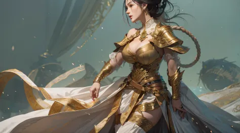 A sword-wielding woman dressed in gold gauze was sitting upright on the back of the white horse，Her soft black hair is neatly co...