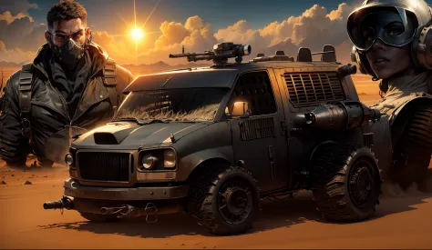 Um carro preto armado e estragado no estilo de Mad Max todo poderoso com torpedos e turbina, behind a pilot in Mad Max-style clothes and on the other side a beautiful Mad Max-style warrior woman and in the background a city in the middle of the desert with...