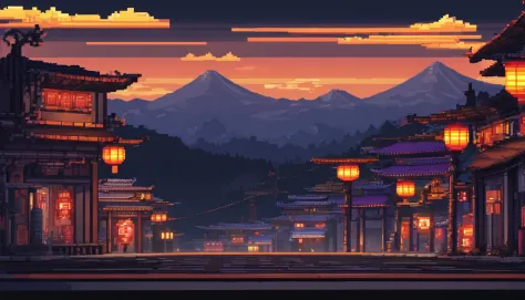 pixel art. It depicts a Japanese asphalt mountain road surrounded by bumpers on a dark night with many sharp turns, illuminated by faded old lanterns, Against the background of a high mountain