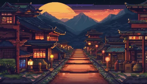 pixel art. It depicts a Japanese asphalt mountain road surrounded by bumpers on a dark night with many sharp turns, illuminated by faded old lanterns, Against the background of a high mountain