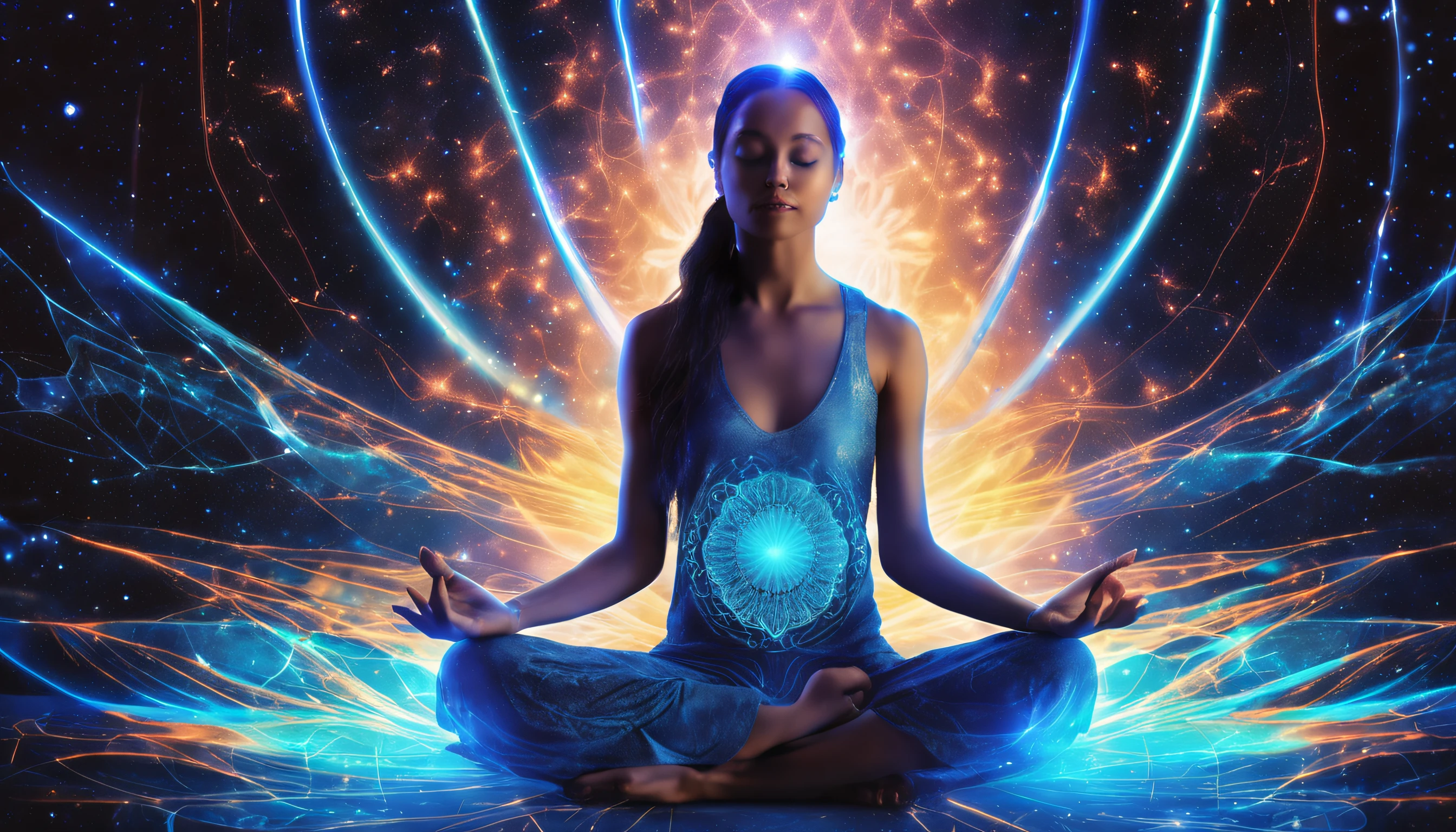 A woman sitting in a lotus position with her eyes closed and glowing ...